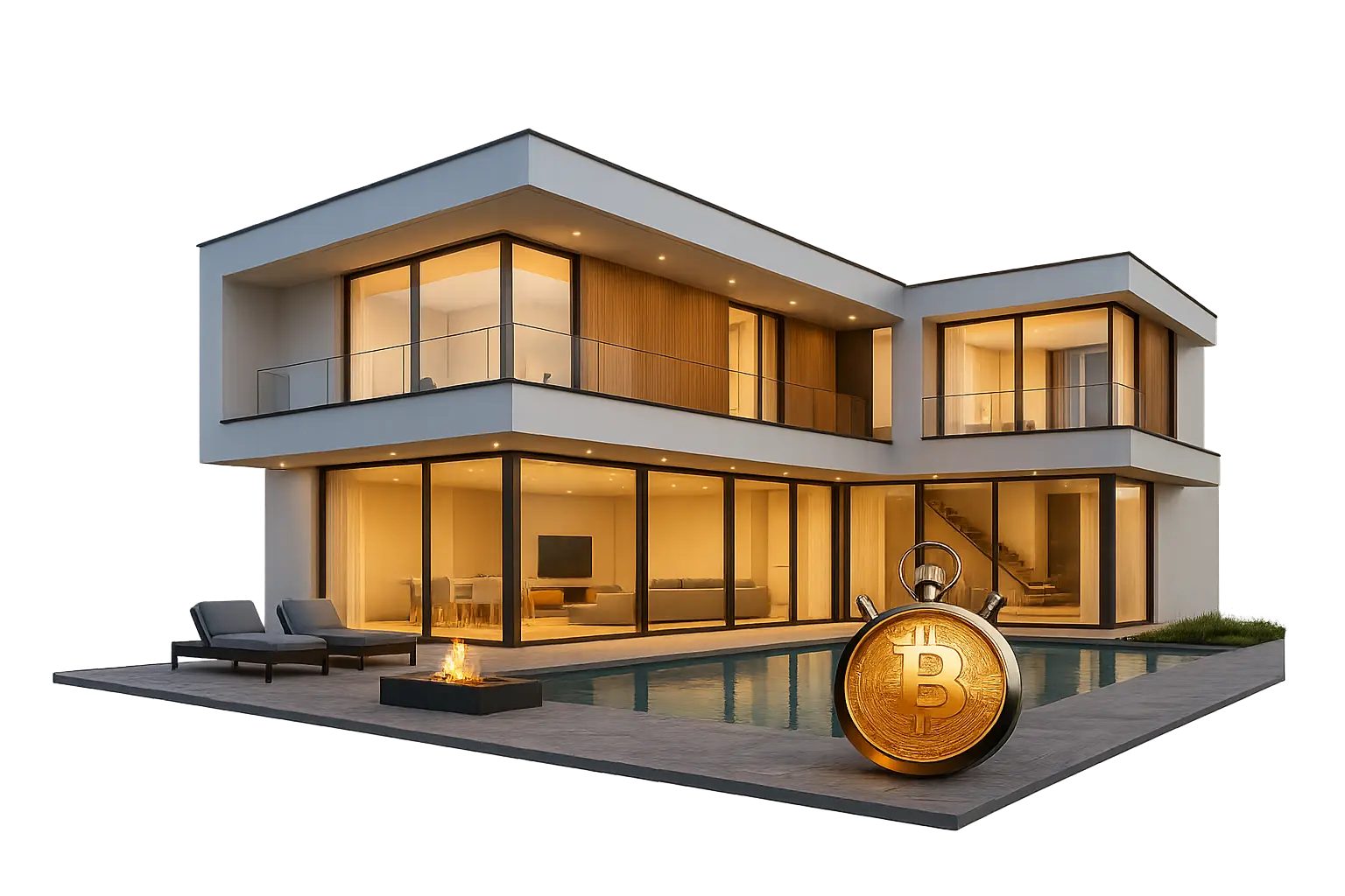 A modern, resort-style luxury home with a bitcoin stopwatch in front